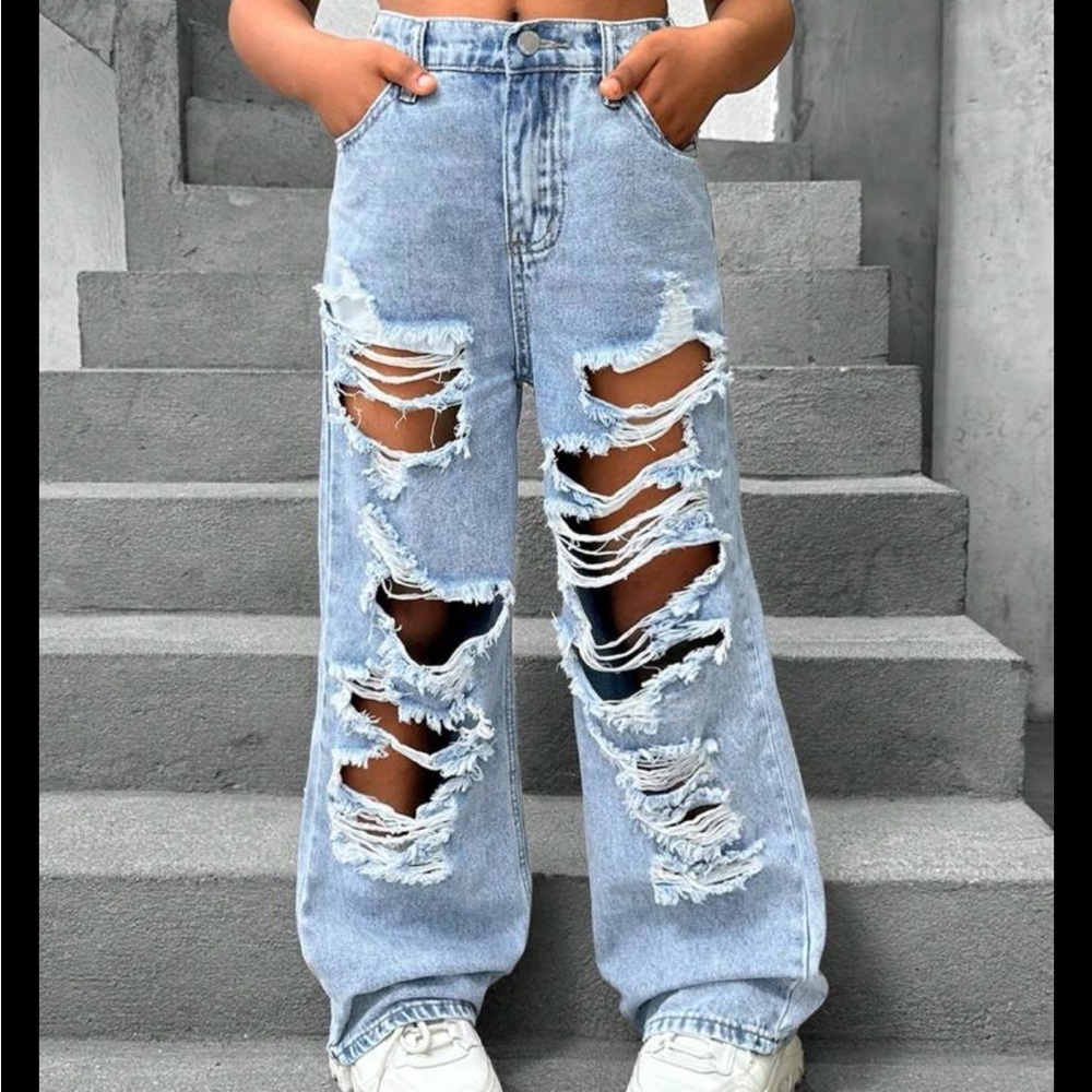 SHEIN Light Blue Distressed Wide Leg Jeans